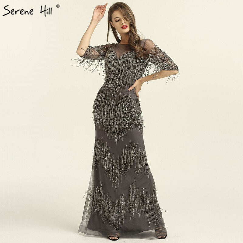 On Sale no return no refundSale Dubai Champagne Langarm Sexy Abendkleider 2025 Perlen Quaste Elegante Meerjungfrau Formale Kleid Ruhigen Hill LA6559 - SERENE HILL
