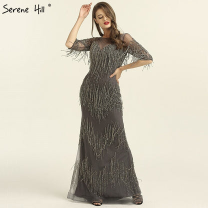 On Sale no return no refundSale Dubai Champagne Langarm Sexy Abendkleider 2025 Perlen Quaste Elegante Meerjungfrau Formale Kleid Ruhigen Hill LA6559 - SERENE HILL