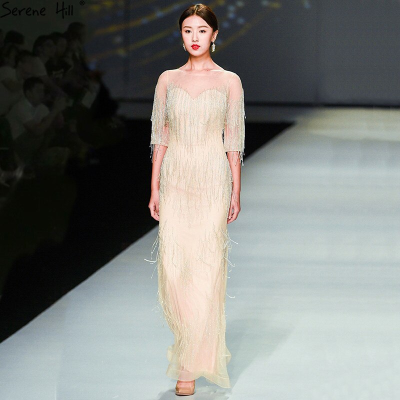 On Sale no return no refundSale Dubai Champagne Langarm Sexy Abendkleider 2025 Perlen Quaste Elegante Meerjungfrau Formale Kleid Ruhigen Hill LA6559 - SERENE HILL