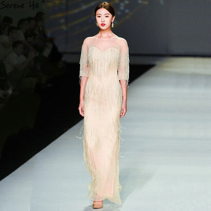 On Sale no return no refundSale Dubai Champagne Langarm Sexy Abendkleider 2025 Perlen Quaste Elegante Meerjungfrau Formale Kleid Ruhigen Hill LA6559 - SERENE HILL
