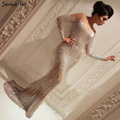 On Sale no return no refundSale Dubai Champagne Langarm Sexy Abendkleider 2025 Perlen Quaste Elegante Meerjungfrau Formale Kleid Ruhigen Hill LA6559 - SERENE HILL