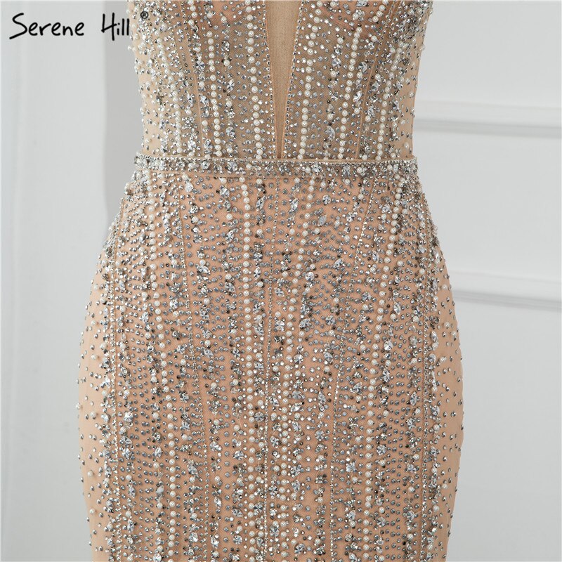 Dubai Champagne Pearls Diamond Formal Gowns Design 2025 V-Neck Sleeveless Sexy Evening Dresses Serene Hill LA70055 - SERENE HILL