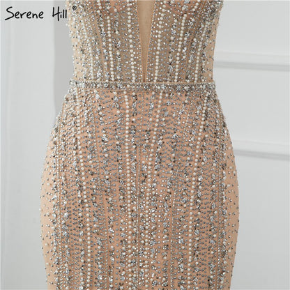 Dubai Champagne Pearls Diamond Formal Gowns Design 2025 V-Neck Sleeveless Sexy Evening Dresses Serene Hill LA70055 - SERENE HILL