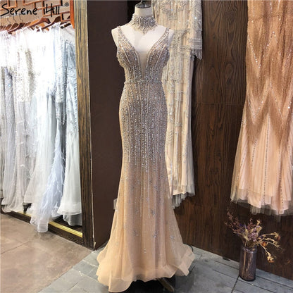 Dubai Champagne Pearls Diamond Formal Gowns Design 2025 V-Neck Sleeveless Sexy Evening Dresses Serene Hill LA70055 - SERENE HILL