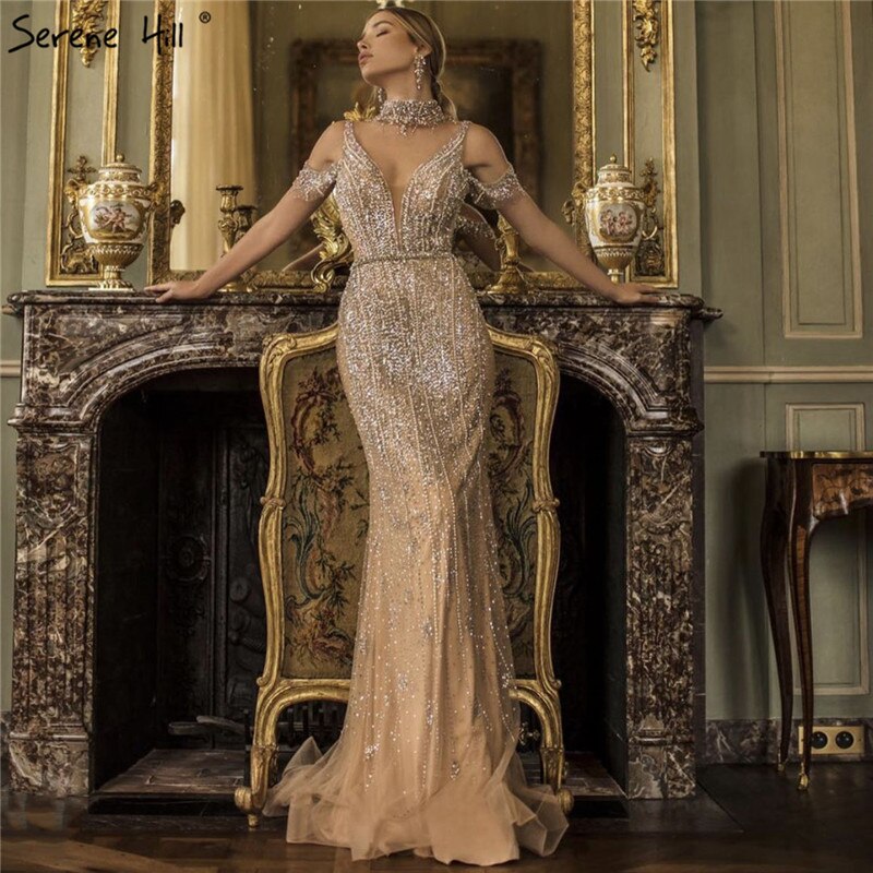 Dubai Champagne Pearls Diamond Formal Gowns Design 2025 V-Neck Sleeveless Sexy Evening Dresses Serene Hill LA70055 - SERENE HILL