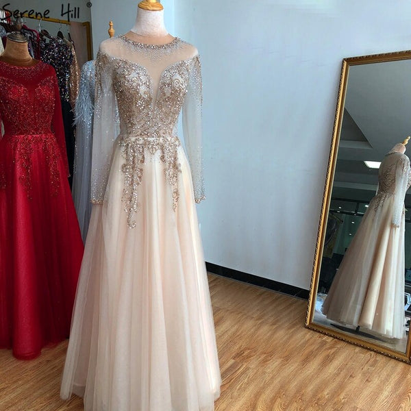On Sale no return no refundSale Dubai Champange A-Line Sexy Evening Dresses Long Sleeves Beading Diamond Sparkle Formal Dress Serene Hill 2025 LA70647