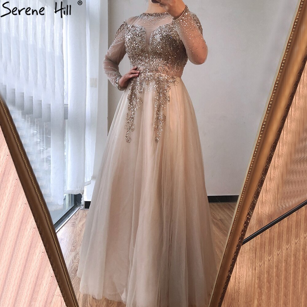 On Sale no return no refundSale Dubai Champange A-Line Sexy Evening Dresses Long Sleeves Beading Diamond Sparkle Formal Dress Serene Hill 2025 LA70647 - SERENE HILL