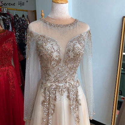 On Sale no return no refundSale Dubai Champange A-Line Sexy Evening Dresses Long Sleeves Beading Diamond Sparkle Formal Dress Serene Hill 2025 LA70647 - SERENE HILL