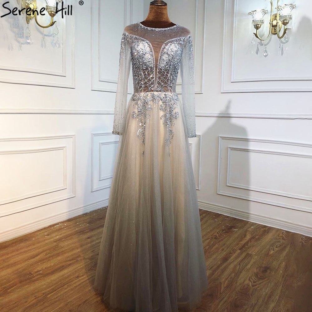 On Sale no return no refundSale Dubai Champange A-Line Sexy Evening Dresses Long Sleeves Beading Diamond Sparkle Formal Dress Serene Hill 2025 LA70647 - SERENE HILL