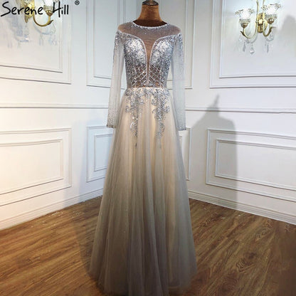On Sale no return no refundSale Dubai Champange A-Line Sexy Evening Dresses Long Sleeves Beading Diamond Sparkle Formal Dress Serene Hill 2025 LA70647 - SERENE HILL