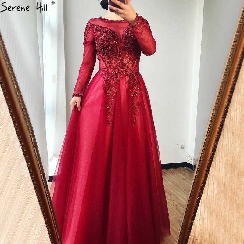 On Sale no return no refundSale Dubai Champange A-Line Sexy Evening Dresses Long Sleeves Beading Diamond Sparkle Formal Dress Serene Hill 2025 LA70647 - SERENE HILL