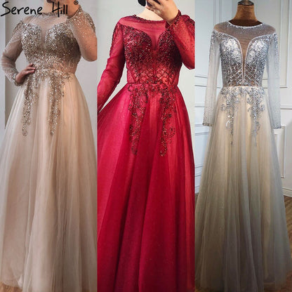 On Sale no return no refundSale Dubai Champange A-Line Sexy Evening Dresses Long Sleeves Beading Diamond Sparkle Formal Dress Serene Hill 2025 LA70647 - SERENE HILL
