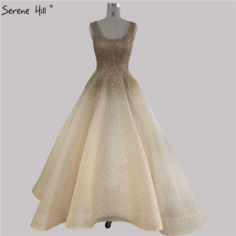 Dubai Champange Full Crystal A-Line Evening Dresses Design Sleeveless Luxury Sexy Evening Gowns Serene Hill LA70232 - SERENE HILL