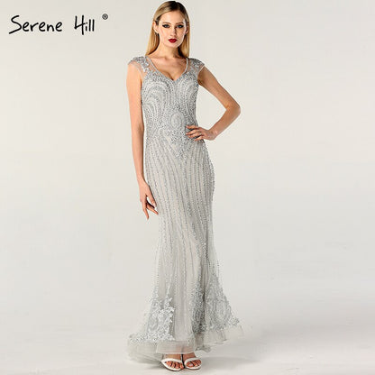 On Sale no return no refundSale Dubai Design Grey V-Neck Luxury Evening Dresses Beading Pearls Cap Sleeve Sexy Evening Gowns 2025 Serene Hill LA60821 - SERENE HILL