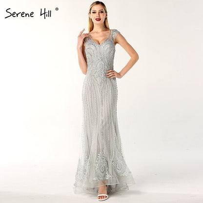 On Sale no return no refundSale Dubai Design Grey V-Neck Luxury Evening Dresses Beading Pearls Cap Sleeve Sexy Evening Gowns 2025 Serene Hill LA60821 - SERENE HILL