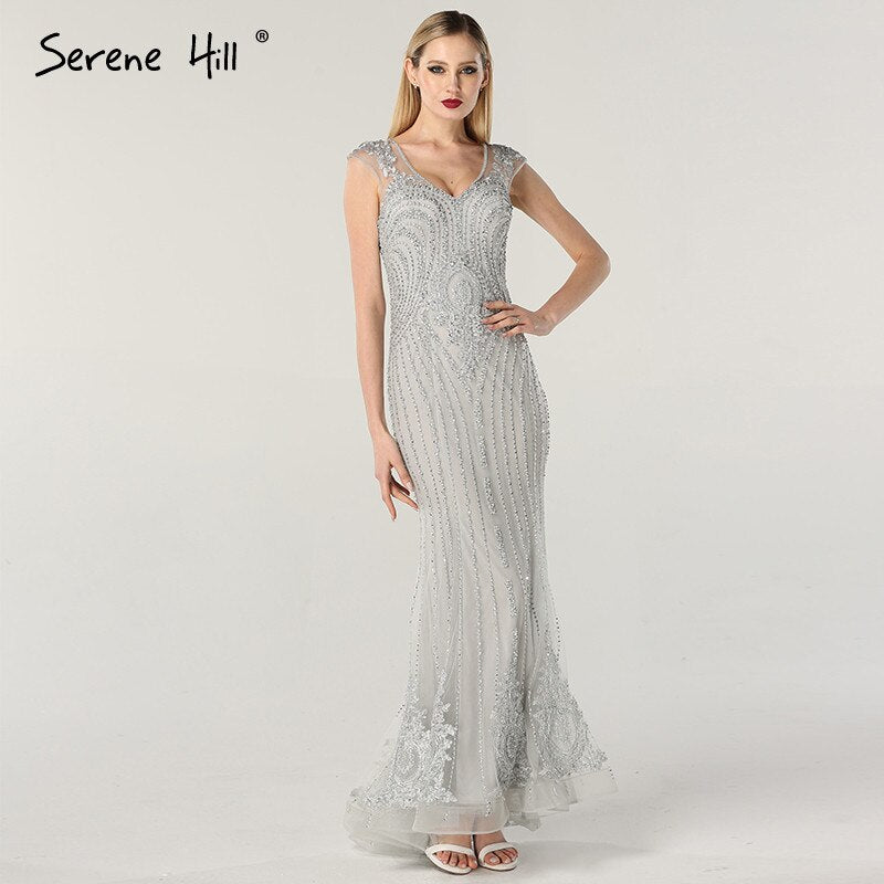 On Sale no return no refundSale Dubai Design Grey V-Neck Luxury Evening Dresses Beading Pearls Cap Sleeve Sexy Evening Gowns 2025 Serene Hill LA60821 - SERENE HILL
