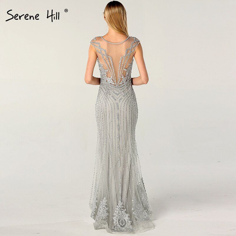 On Sale no return no refundSale Dubai Design Grey V-Neck Luxury Evening Dresses Beading Pearls Cap Sleeve Sexy Evening Gowns 2025 Serene Hill LA60821 - SERENE HILL