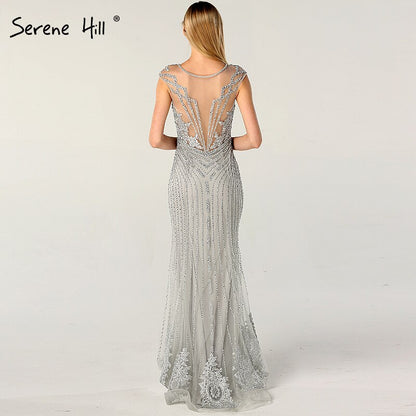 On Sale no return no refundSale Dubai Design Grey V-Neck Luxury Evening Dresses Beading Pearls Cap Sleeve Sexy Evening Gowns 2025 Serene Hill LA60821 - SERENE HILL