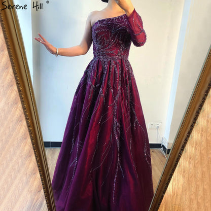 Luxury Dubai One Shoulder Wine Red Evening Dresses LA60988 - SERENE HILL