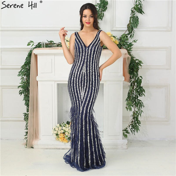 Sale Dubai Designer Luxury Blue Sexy Evening Dresses 2025 Deep-V Backless Diamond Beading Evening Gowns Real Photo LA6585