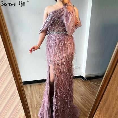 Luxury Dubai Pink Feather Evening Dress LA70513 On Sale - SERENE HILL