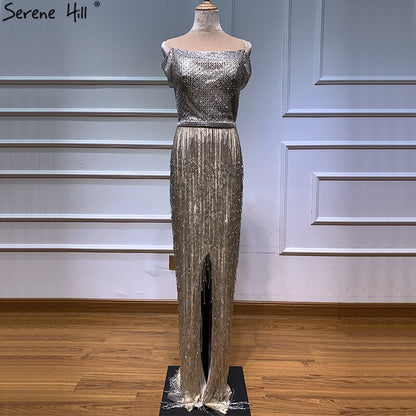 On Sale No Return No Refund Dubai Gold Boat-Neck Tassel Sexy Evening Dresses Luxruy Short Sleeveless Sequined Beading Evening Gowns Real Photo LA60826 - SERENE HILL