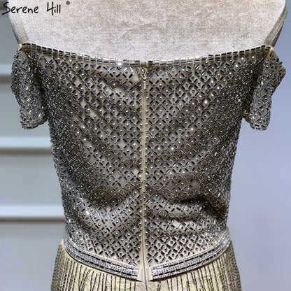 On Sale No Return No Refund Dubai Gold Boat-Neck Tassel Sexy Evening Dresses Luxruy Short Sleeveless Sequined Beading Evening Gowns Real Photo LA60826 - SERENE HILL