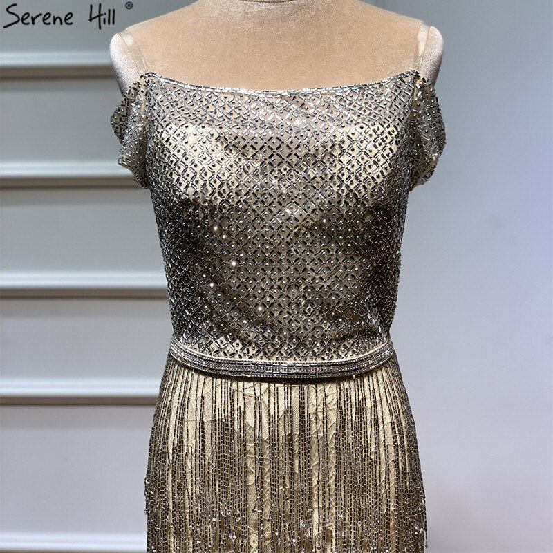 On Sale No Return No Refund Dubai Gold Boat-Neck Tassel Sexy Evening Dresses Luxruy Short Sleeveless Sequined Beading Evening Gowns Real Photo LA60826 - SERENE HILL