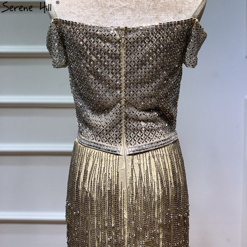 On Sale No Return No Refund Dubai Gold Boat-Neck Tassel Sexy Evening Dresses Luxruy Short Sleeveless Sequined Beading Evening Gowns Real Photo LA60826 - SERENE HILL