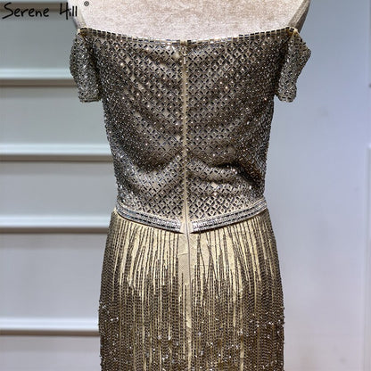 On Sale No Return No Refund Dubai Gold Boat-Neck Tassel Sexy Evening Dresses Luxruy Short Sleeveless Sequined Beading Evening Gowns Real Photo LA60826 - SERENE HILL