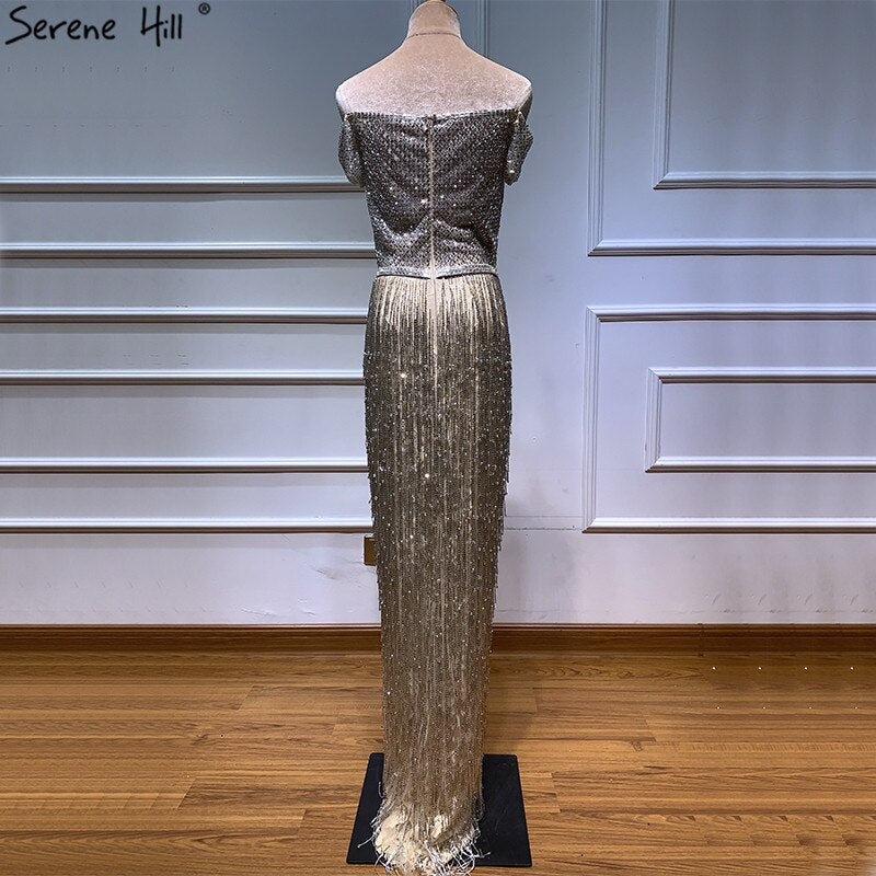 On Sale No Return No Refund Dubai Gold Boat-Neck Tassel Sexy Evening Dresses Luxruy Short Sleeveless Sequined Beading Evening Gowns Real Photo LA60826 - SERENE HILL