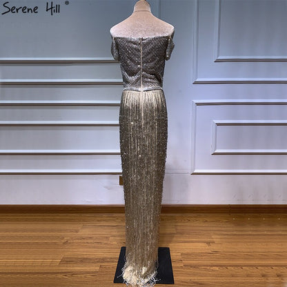 On Sale No Return No Refund Dubai Gold Boat-Neck Tassel Sexy Evening Dresses Luxruy Short Sleeveless Sequined Beading Evening Gowns Real Photo LA60826 - SERENE HILL