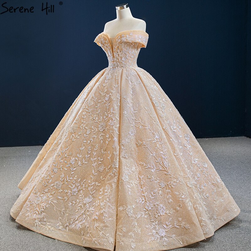 Dubai Gold Off Shoulder Design Wedding Dresses 2025 Handmade Flowers Beading Sexy Bridal Gowns HM67135 Custom Made - SERENE HILL