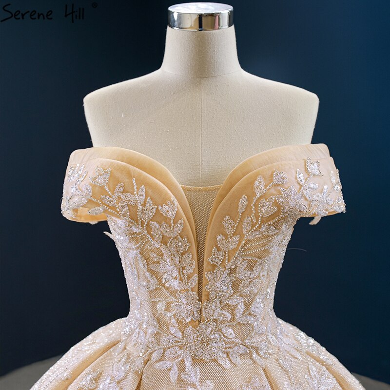 Dubai Gold Off Shoulder Design Wedding Dresses 2025 Handmade Flowers Beading Sexy Bridal Gowns HM67135 Custom Made - SERENE HILL