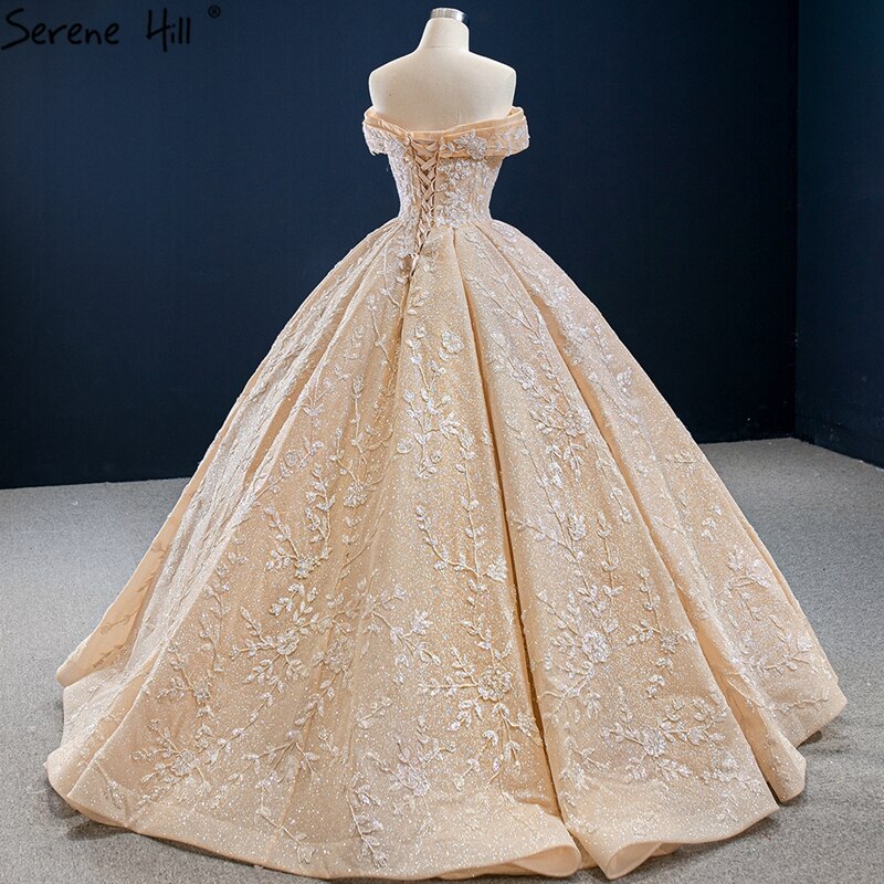 Dubai Gold Off Shoulder Design Wedding Dresses 2025 Handmade Flowers Beading Sexy Bridal Gowns HM67135 Custom Made - SERENE HILL
