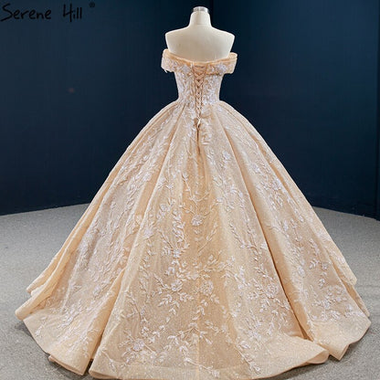 Dubai Gold Off Shoulder Design Wedding Dresses 2025 Handmade Flowers Beading Sexy Bridal Gowns HM67135 Custom Made - SERENE HILL