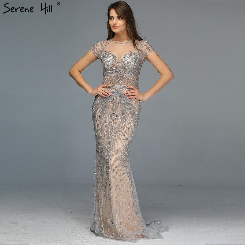 Dubai Grey Full Diamond Sexy Evening Dresses 2025 Cap Sleeve Luxury Mermaid Formal Dress Serene Hill LA60934 - SERENE HILL