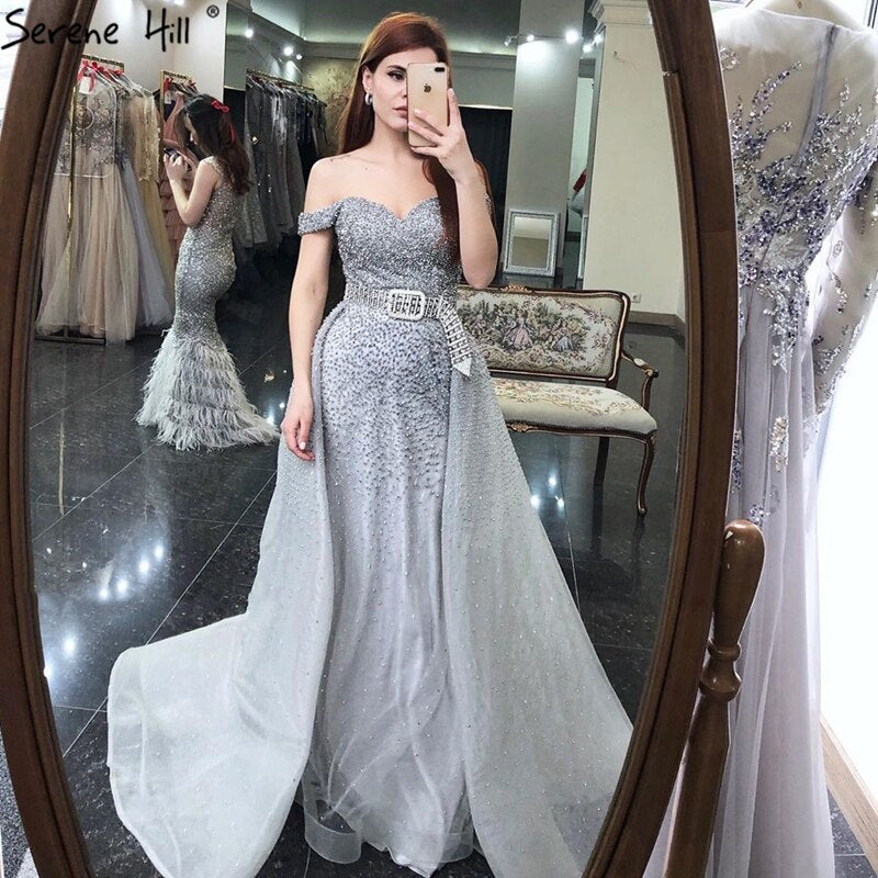 On Sale no return no refundDubai Grey Mermaid Luxury Sleeveless Evening Dresses 2025 Off Shoulder Sexy Formal Dress Design Serene Hill LA70602 - SERENE HILL