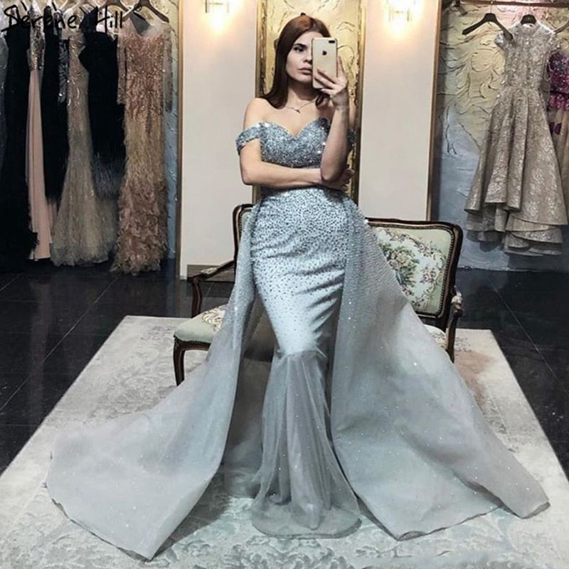 On Sale no return no refundDubai Grey Mermaid Luxury Sleeveless Evening Dresses 2025 Off Shoulder Sexy Formal Dress Design Serene Hill LA70602 - SERENE HILL