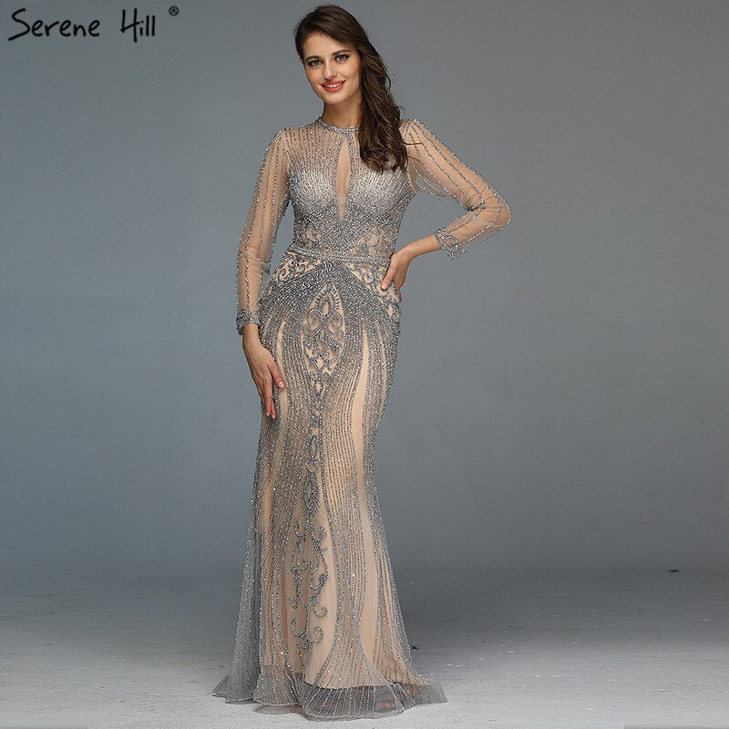 Dubai Long Sleeves Grey Luxury Evening Dresses O-Neck Full Diamond Mermaid Formal Dress 2025 Serene Hill Plus Size LA70116 - SERENE HILL