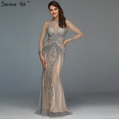 Dubai Long Sleeves Grey Luxury Evening Dresses O-Neck Full Diamond Mermaid Formal Dress 2025 Serene Hill Plus Size LA70116 - SERENE HILL