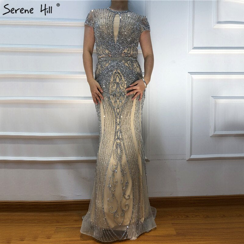Dubai Long Sleeves Grey Luxury Evening Dresses O-Neck Full Diamond Mermaid Formal Dress 2025 Serene Hill Plus Size LA70116 - SERENE HILL