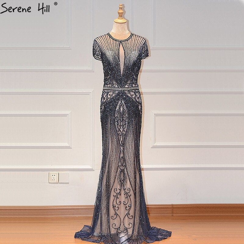 Dubai Long Sleeves Grey Luxury Evening Dresses O-Neck Full Diamond Mermaid Formal Dress 2025 Serene Hill Plus Size LA70116 - SERENE HILL