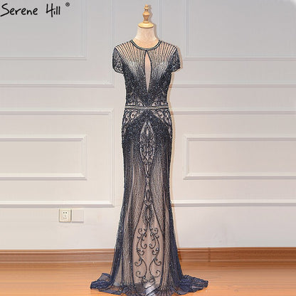 Dubai Long Sleeves Grey Luxury Evening Dresses O-Neck Full Diamond Mermaid Formal Dress 2025 Serene Hill Plus Size LA70116 - SERENE HILL