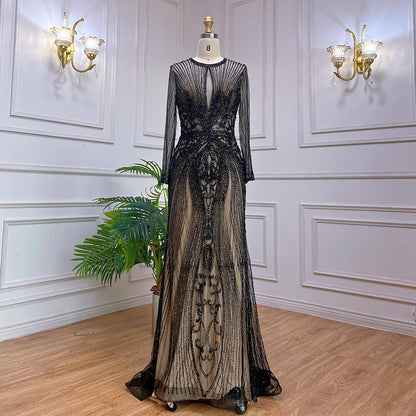 Dubai Long Sleeves Grey Luxury Evening Dresses O-Neck Full Diamond Mermaid Formal Dress 2025 Serene Hill Plus Size LA70116 - SERENE HILL