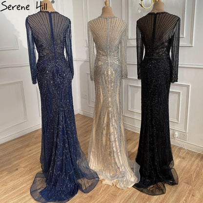 Dubai Long Sleeves Grey Luxury Evening Dresses O-Neck Full Diamond Mermaid Formal Dress 2025 Serene Hill Plus Size LA70116 - SERENE HILL