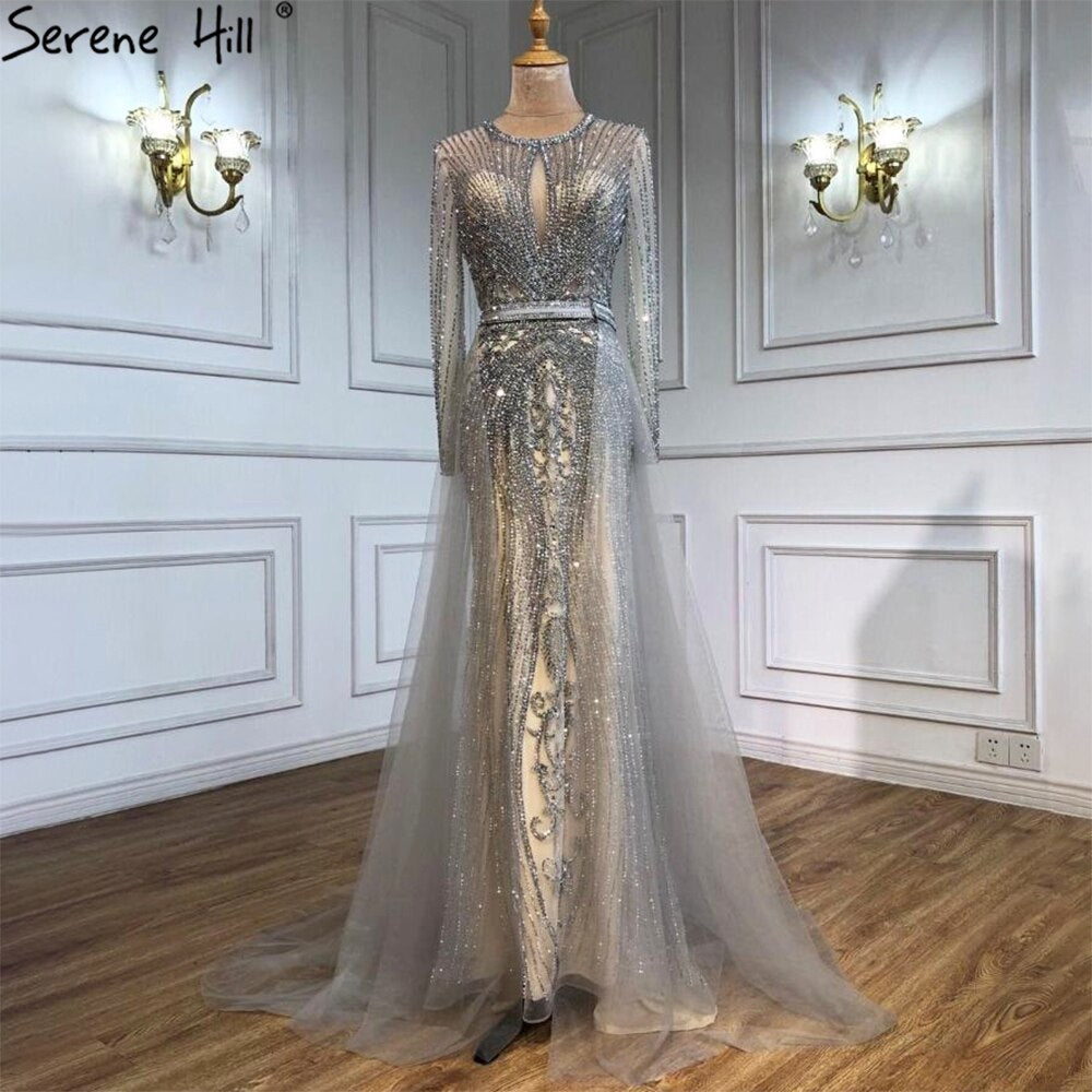 Dubai Long Sleeves Grey Luxury Evening Dresses O-Neck Full Diamond Mermaid Formal Dress 2025 Serene Hill Plus Size LA70116 - SERENE HILL