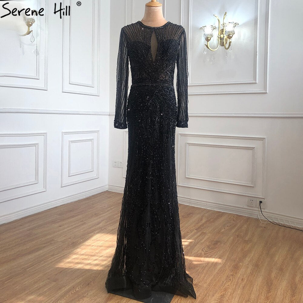 Dubai Long Sleeves Grey Luxury Evening Dresses O-Neck Full Diamond Mermaid Formal Dress 2025 Serene Hill Plus Size LA70116 - SERENE HILL