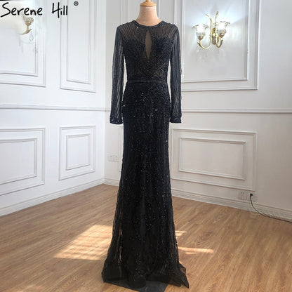 Dubai Long Sleeves Grey Luxury Evening Dresses O-Neck Full Diamond Mermaid Formal Dress 2025 Serene Hill Plus Size LA70116 - SERENE HILL