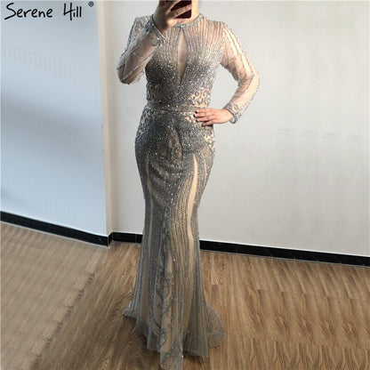 Dubai Long Sleeves Grey Luxury Evening Dresses O-Neck Full Diamond Mermaid Formal Dress 2025 Serene Hill Plus Size LA70116 - SERENE HILL